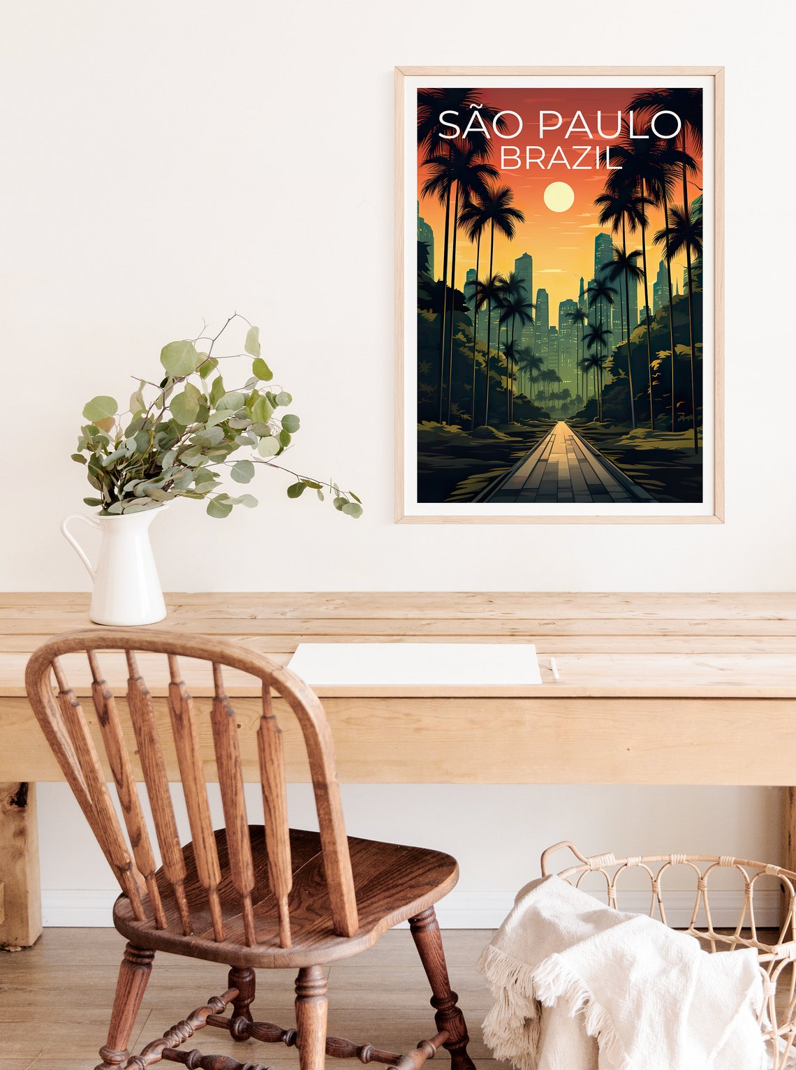 Sao Paulo Brazil Skyline Sunset Palm Avenue Retro Travel Poster - Image 3