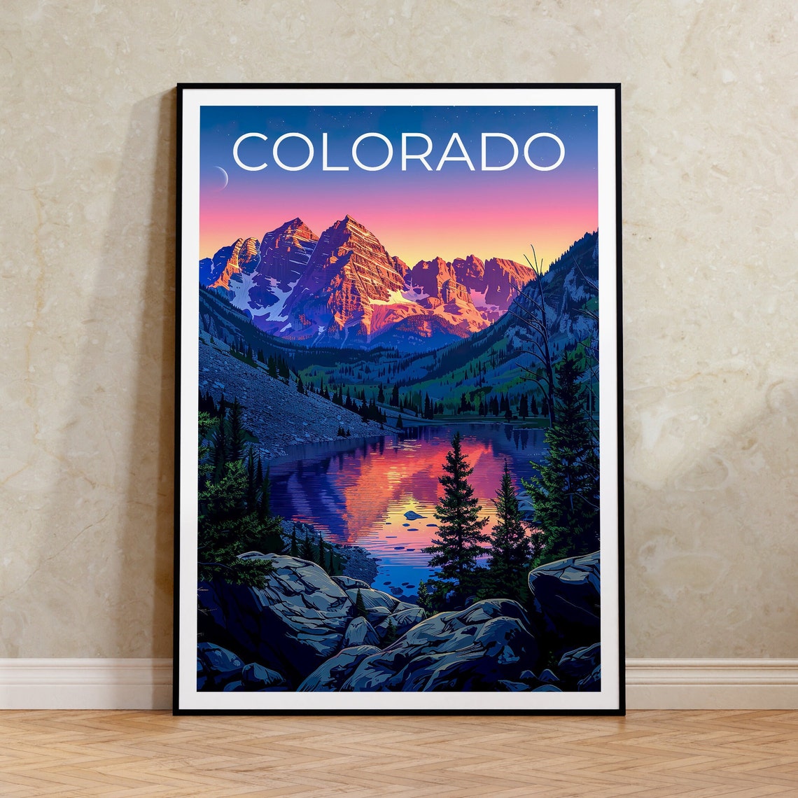 Colorado Alpine Lake Sunset Snowy Peaks Mountain Mirror Poster
