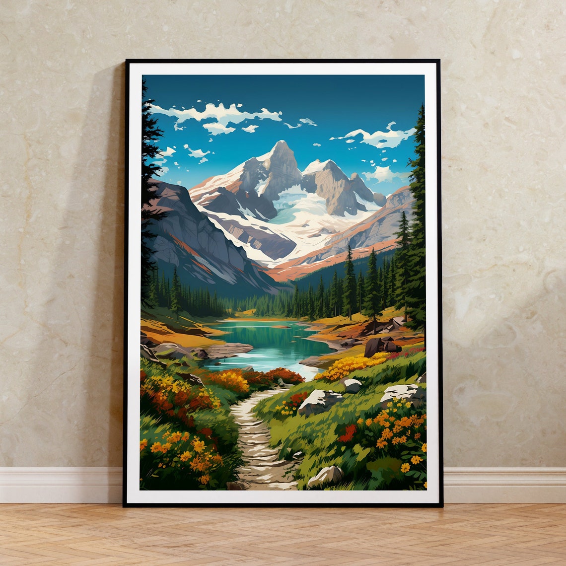 Swiss Alps Snowy Glacier Peak Wildflower Meadow Lake Trail Poster