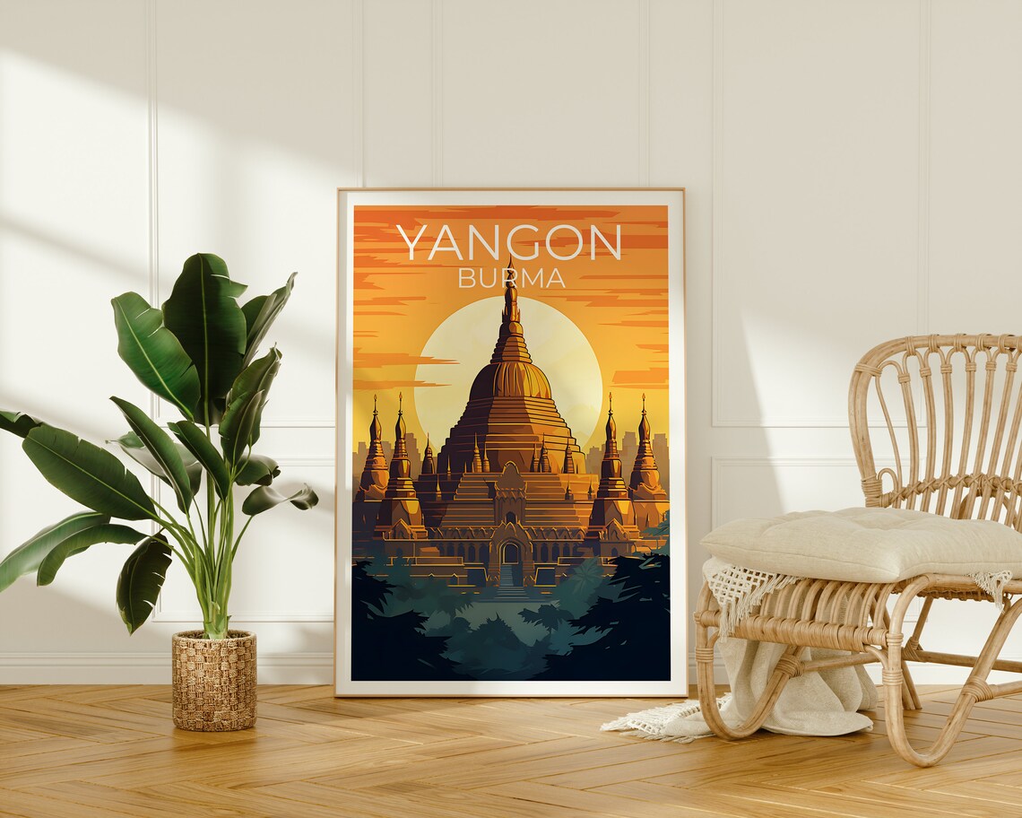 Yangon Travel Poster, Shwedagon Pagoda City Art Print - Image 2
