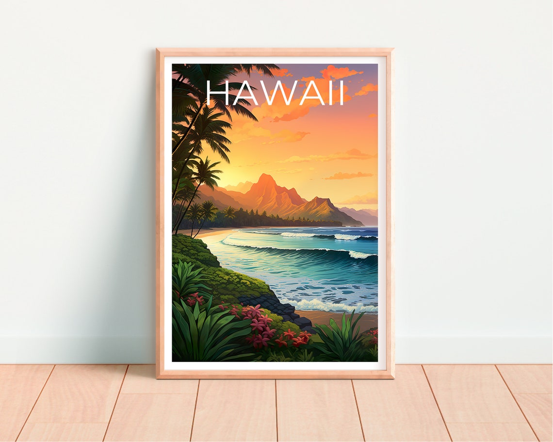 Hawaii Beach Sunset Golden Waves Palm Trees Ocean View Poster - Image 4
