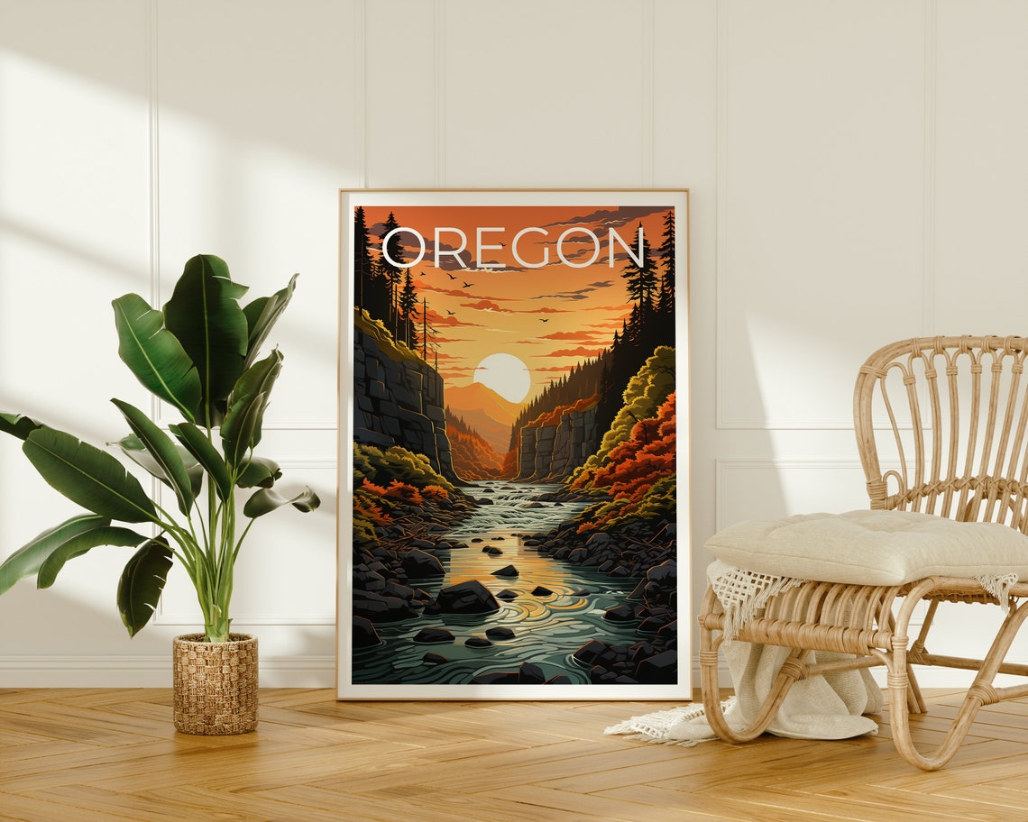 Oregon River Gorge Autumn Forest Sunset Golden Hour Travel Poster - Image 2