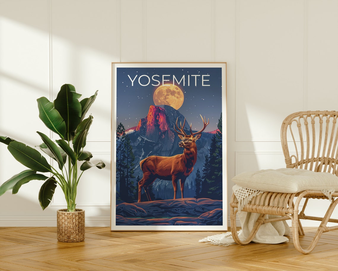 Yosemite Elk Full Moon Night Half Dome Mountain Scene Poster - Image 2