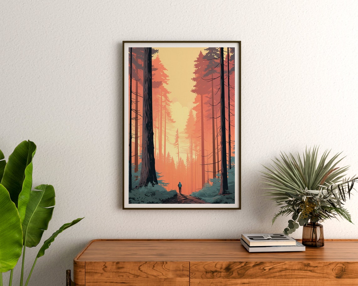 Redwood Forest Towering Trees Golden Light Hiker Trail Art Poster - Image 3