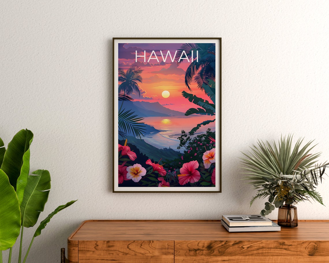 Hawaii Sunset Ocean Bay Palm Trees Hibiscus Flower View Poster - Image 3