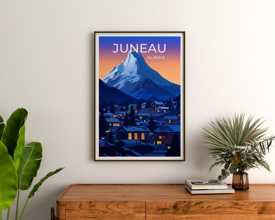 Juneau Alaska Snowy Mountain Peak Night Lights Travel Poster - Image 3