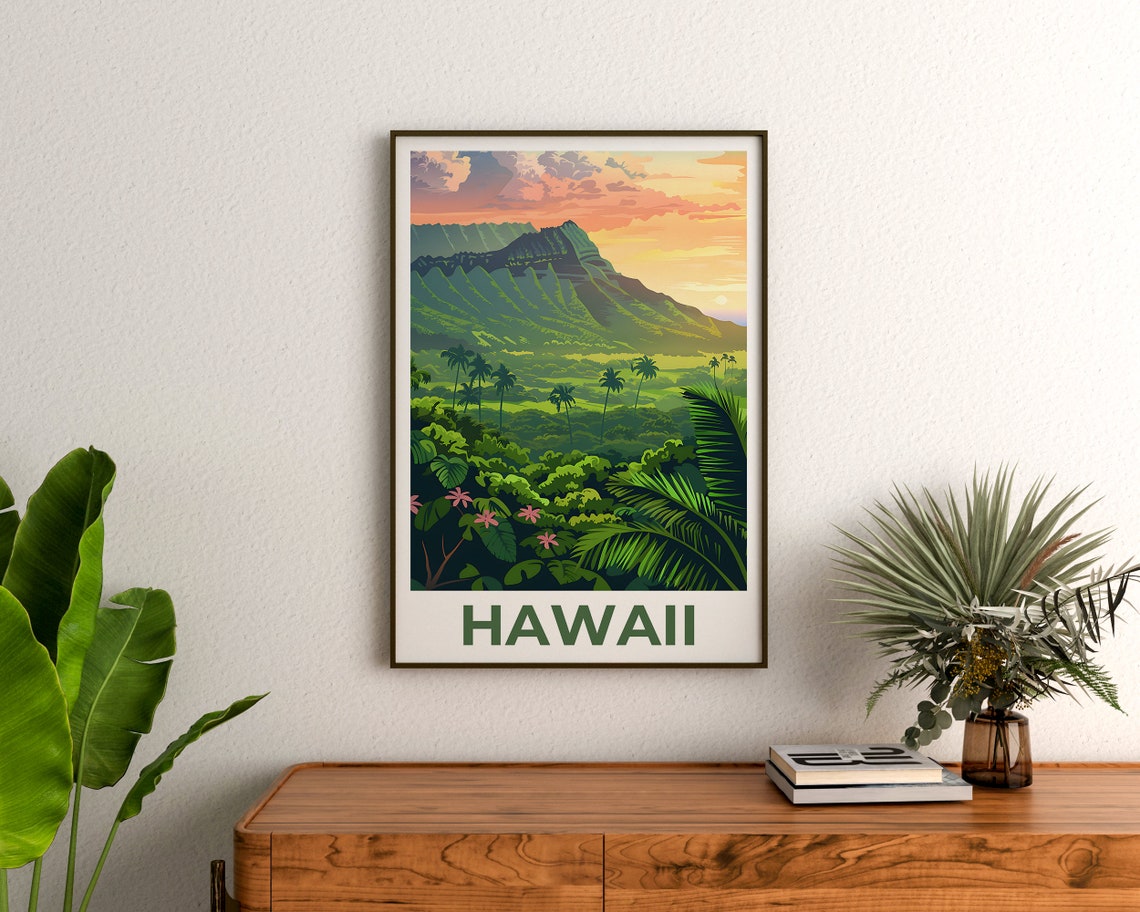 Hawaii Lush Green Mountain Valley Palm Trees Sunrise View Poster - Image 3