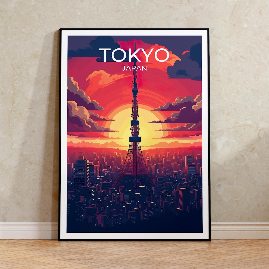 Tokyo Japan Landmark Tower Giant Red Sun Sunset Travel Poster