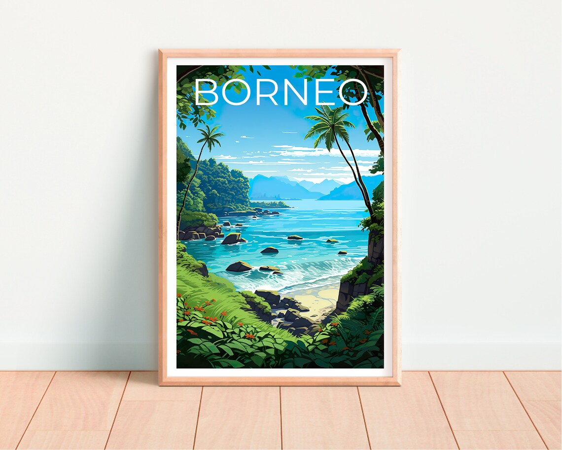 Borneo Tropical Coast Palm Trees Jungle Bay Clear Water Travel Poster - Image 4