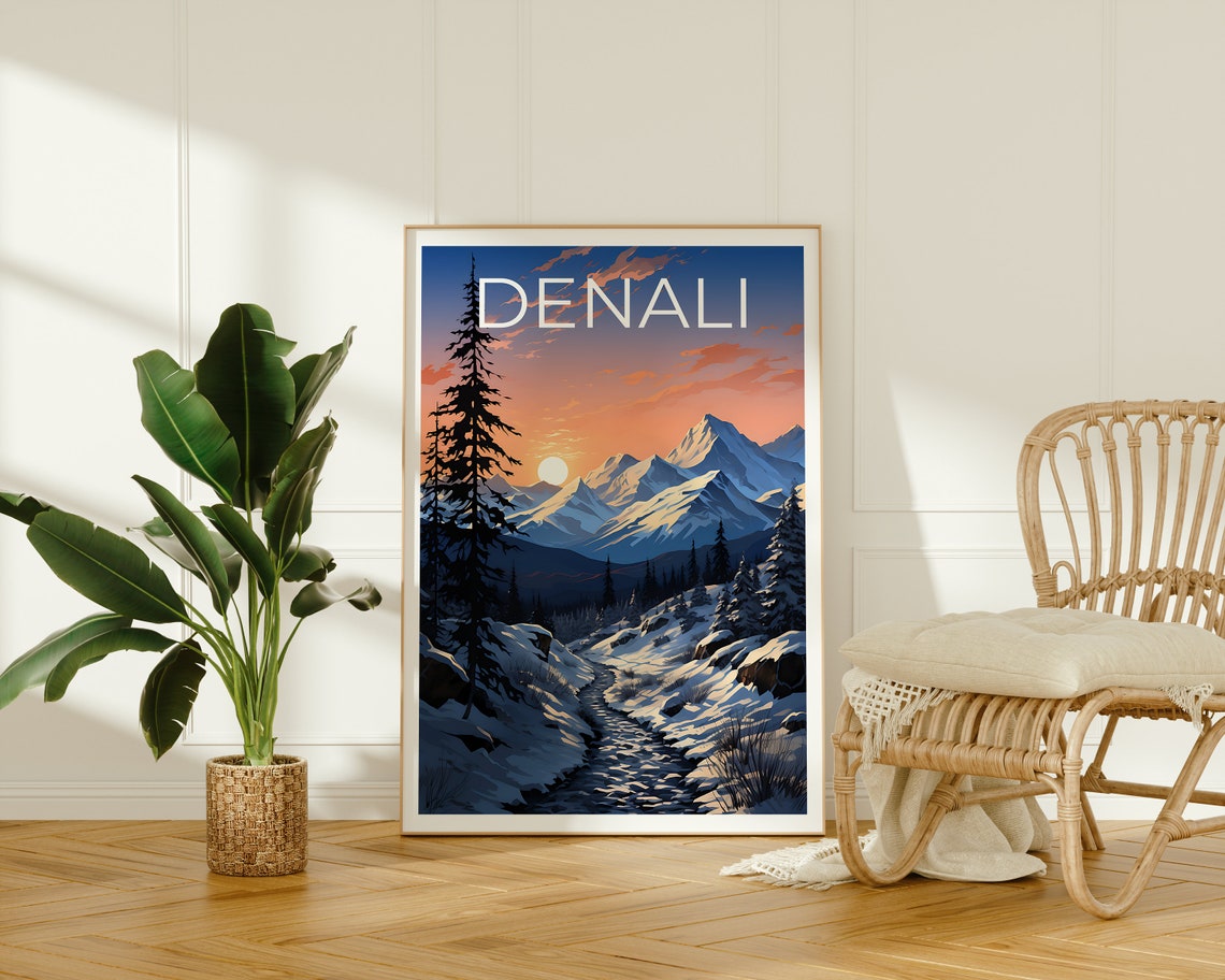 Denali Alaska Snowy Mountain Pass Winter Sunset Travel Poster - Image 2