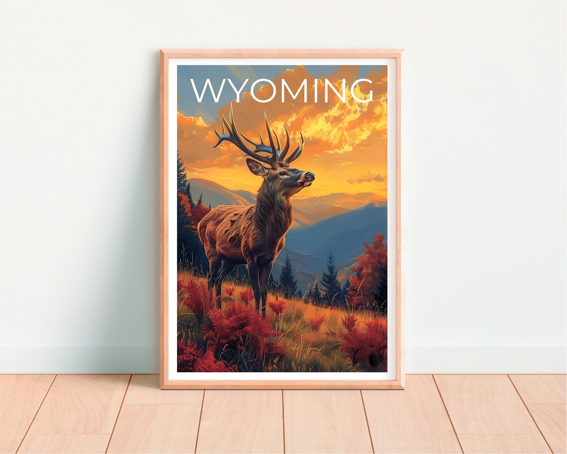 Wyoming Bull Elk Sunset Hillside Wildlife Mountain View Travel Poster - Image 4
