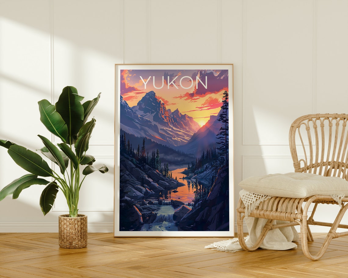 Yukon Canada Mountain Lake Sunset Valley Waterfall View Poster - Image 2