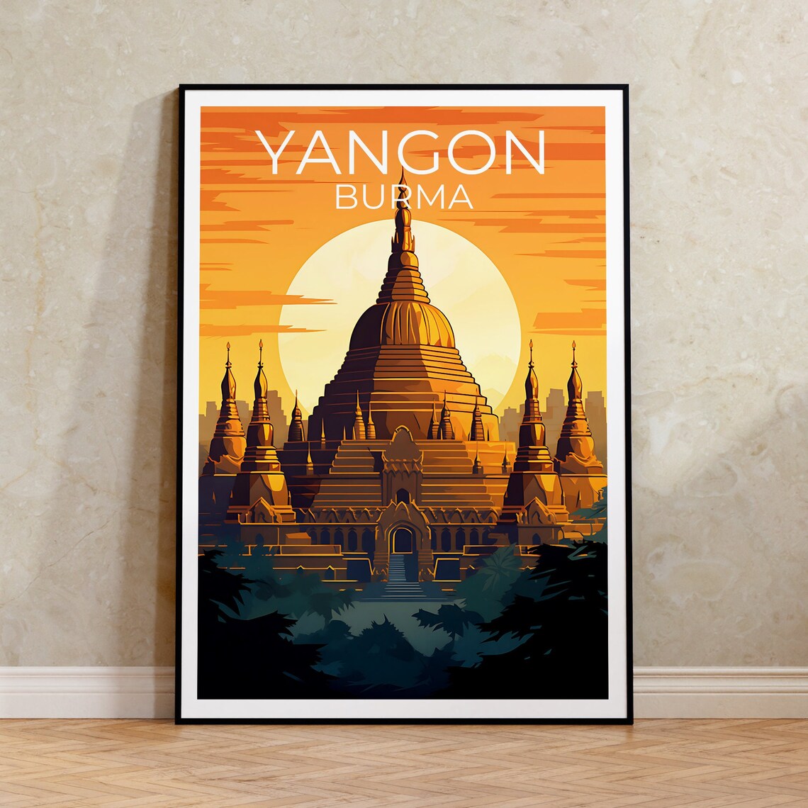Yangon Travel Poster, Shwedagon Pagoda City Art Print