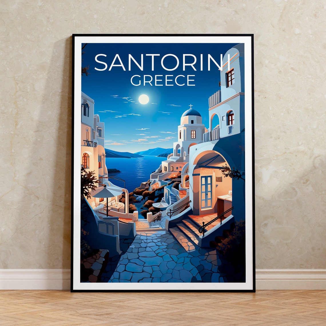Santorini Greece Blue Dome Church Night Moonlit Caldera Travel Poster