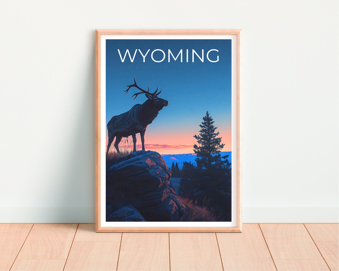 Wyoming Elk Sunset Rocky Ridge Pine Forest Wildlife Travel Poster - Image 4