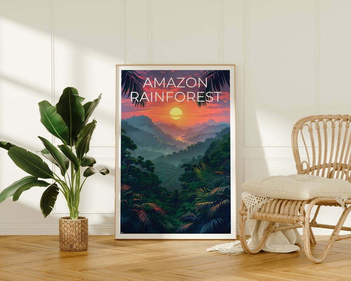 Amazon Rainforest Brazil Jungle Canopy Sunset River Mist Travel Poster - Image 2