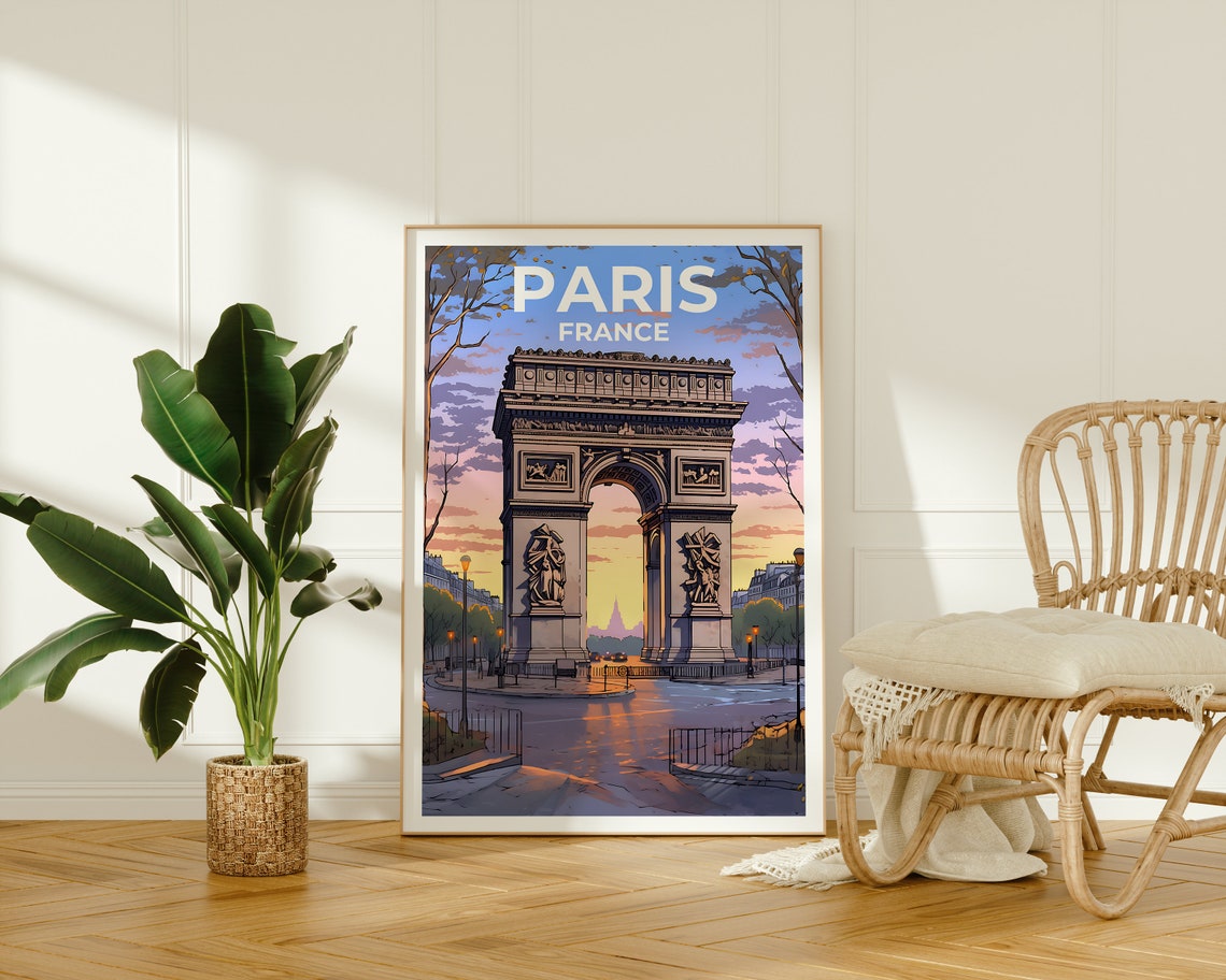 Paris France Arc De Triomphe Sunset Avenue Landmark View Poster - Image 2