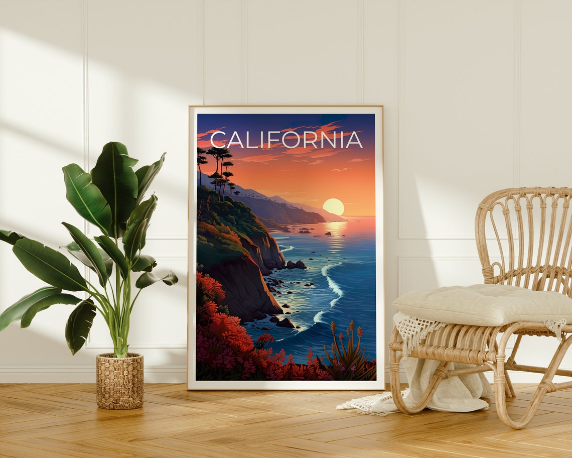 California Rugged Coastline Sunset Cliffs Red Blooms Travel Poster - Image 2