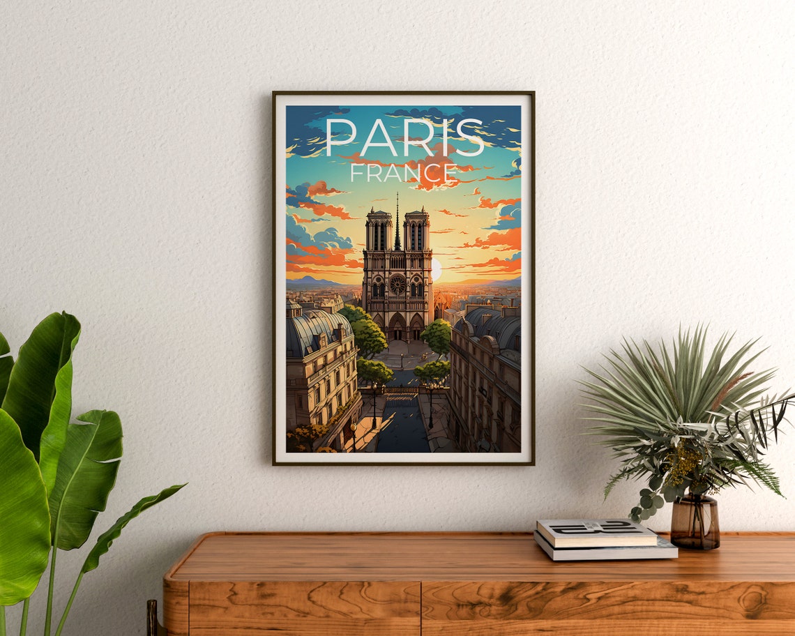 Paris France Notre Dame Cathedral Sunset Rooftops Travel Poster - Image 3