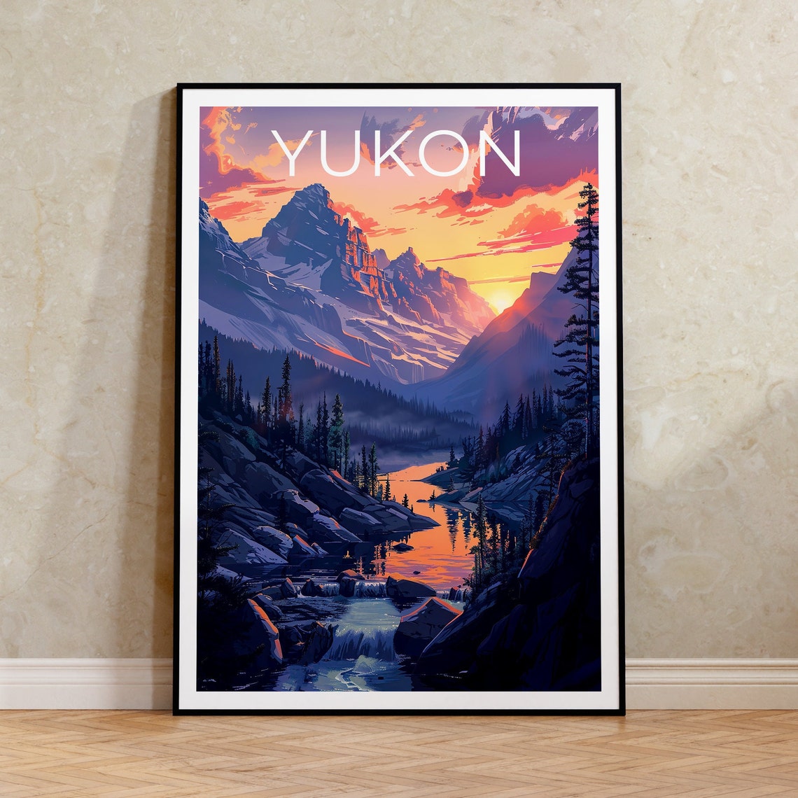 Yukon Canada Mountain Lake Sunset Valley Waterfall View Poster