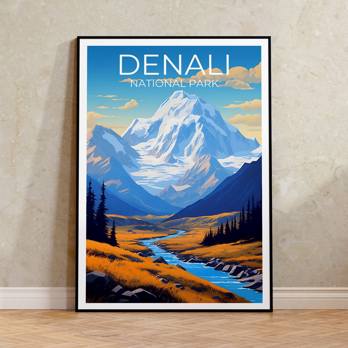 Denali Travel Poster, Alaska Mountain Landscape