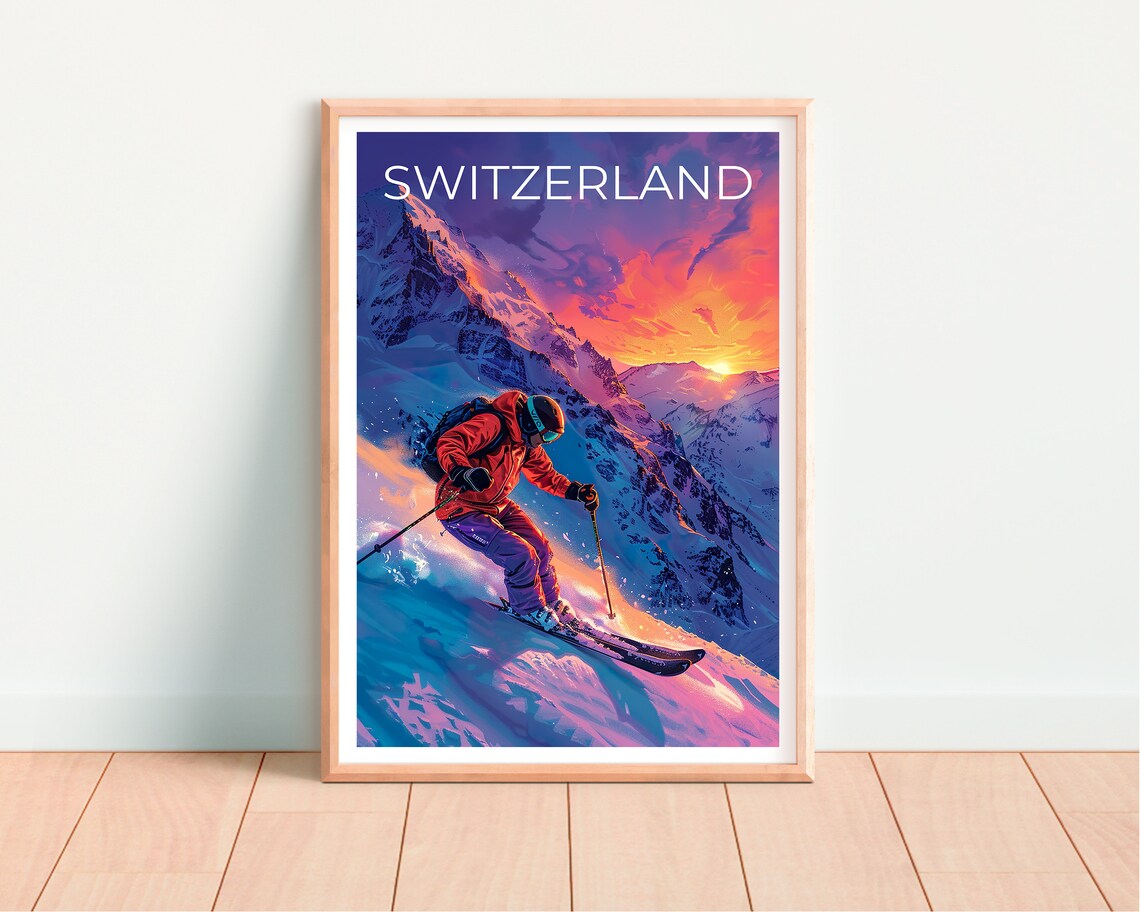Switzerland Swiss Alps Skier Sunset Steep Powder Slope Poster - Image 4