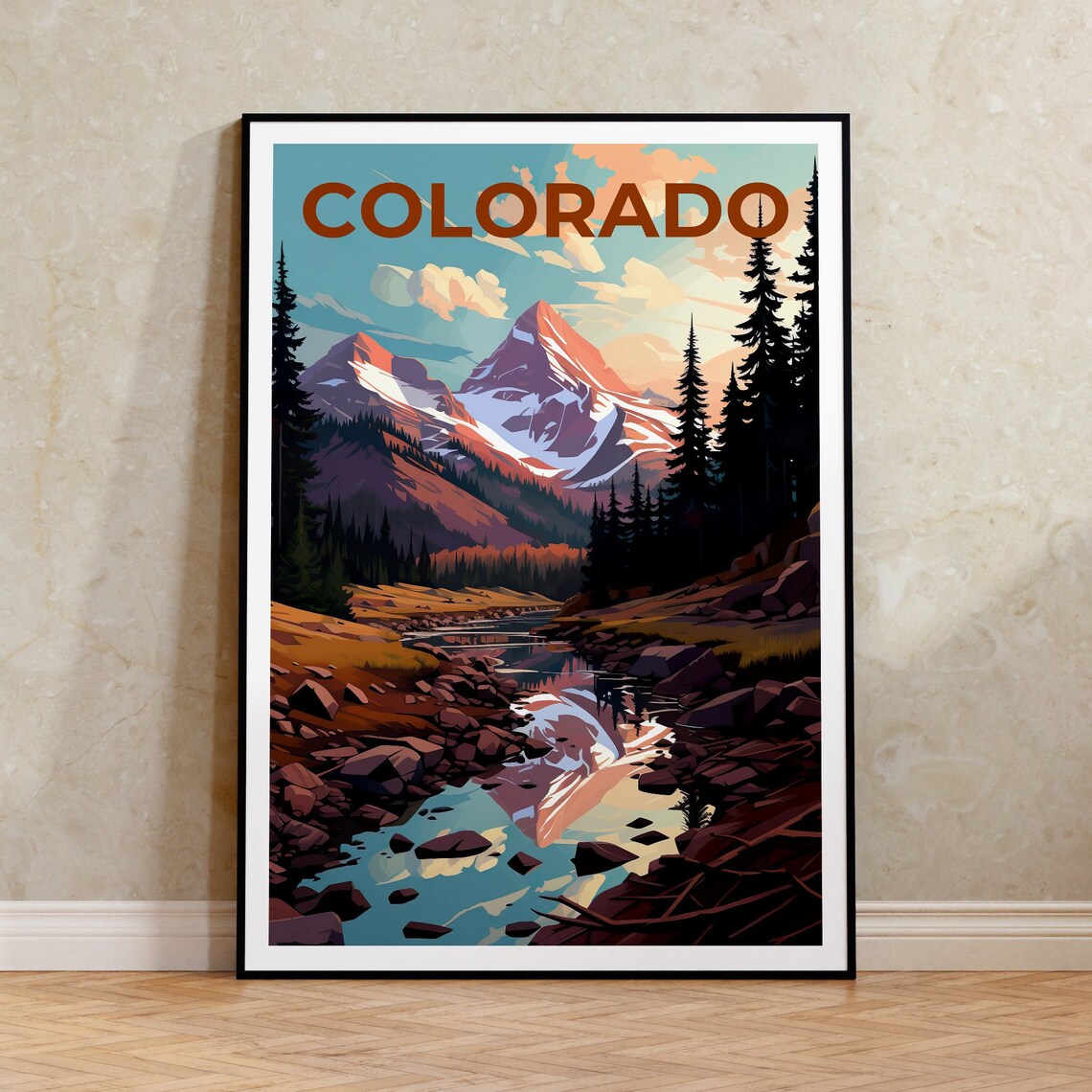 Colorado Rockies Snowy Peaks Mountain Stream Reflection Travel Poster