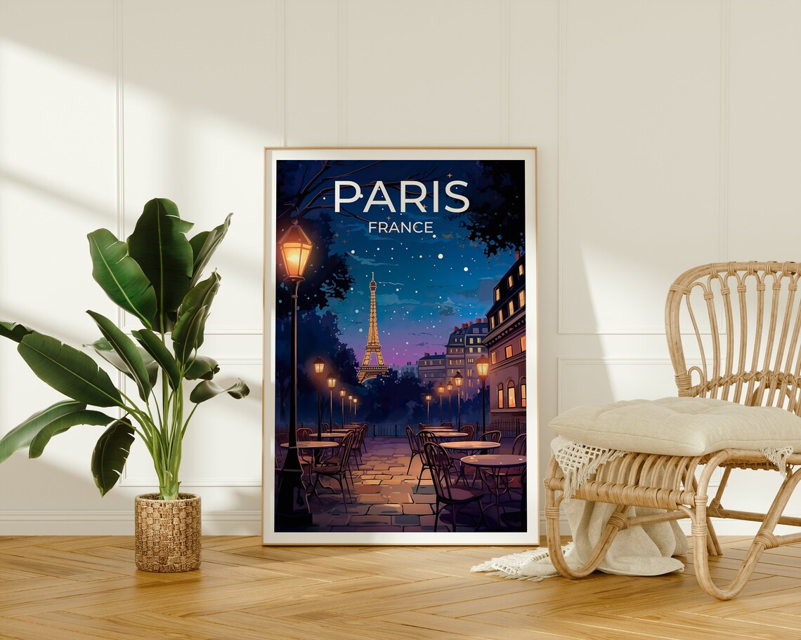 Paris at Night Eiffel Tower Travel Poster, Europe - Image 2