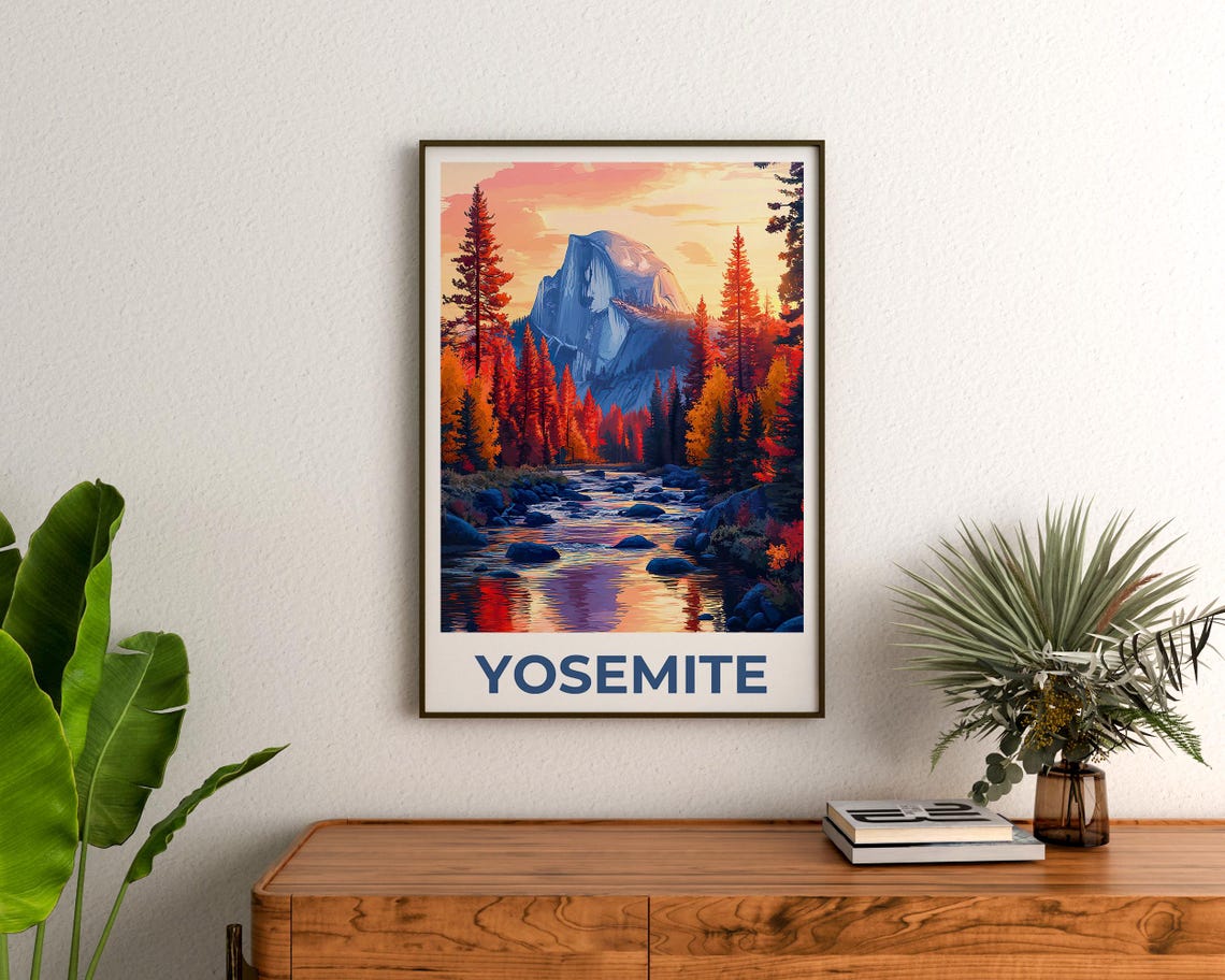 Yosemite Half Dome Autumn River Sunset Pine Forest View Travel Poster - Image 3