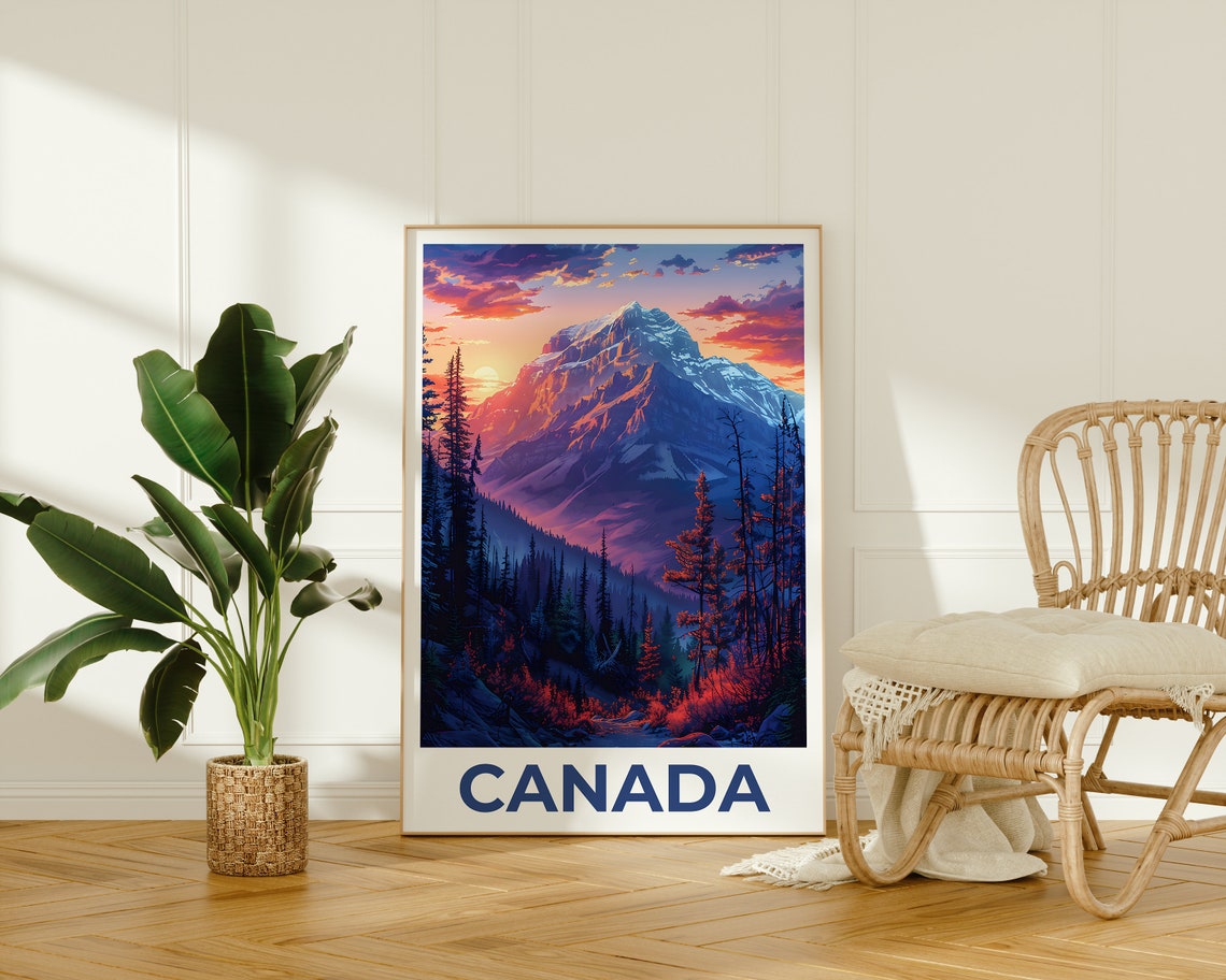 Canada Jasper Mountain Sunset Snow Peak Alpine Forest Travel Poster - Image 2