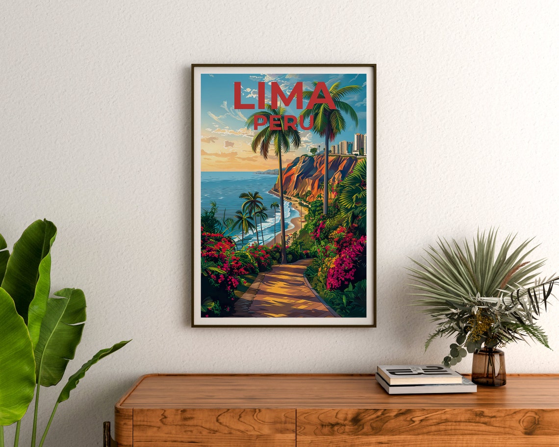Lima Peru Miraflores Coastal Cliffs Beach Palm Trees Travel Poster - Image 3