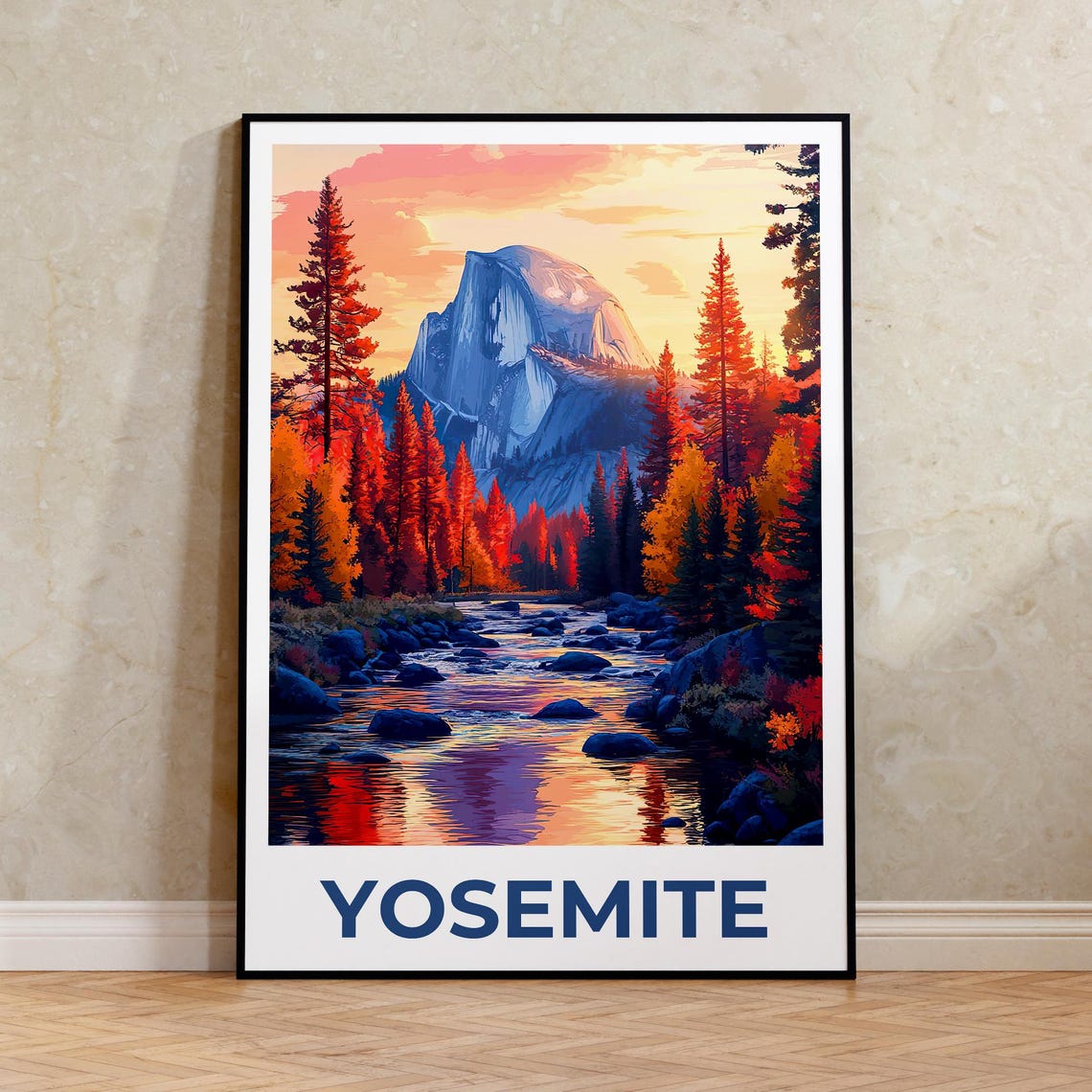 Yosemite Half Dome Autumn River Sunset Pine Forest View Travel Poster