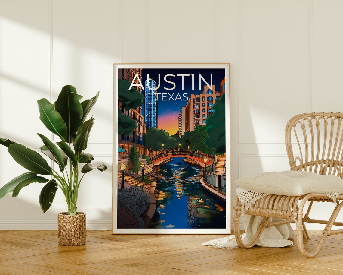 Austin Texas Nighttime River Walk Skyline Bridge Travel Poster - Image 2