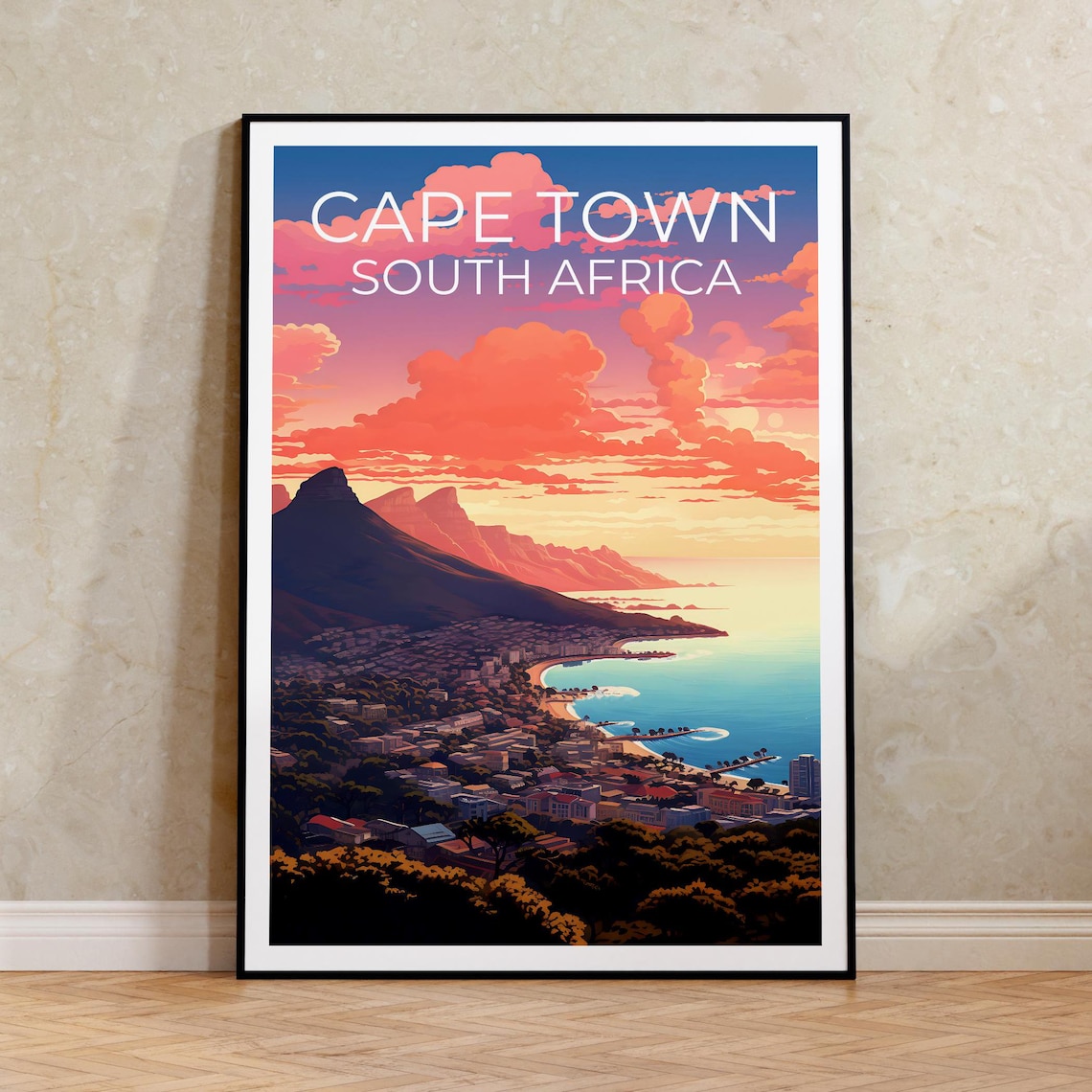 Cape Town South Africa Table Mountain Sunset Bay View Travel Poster