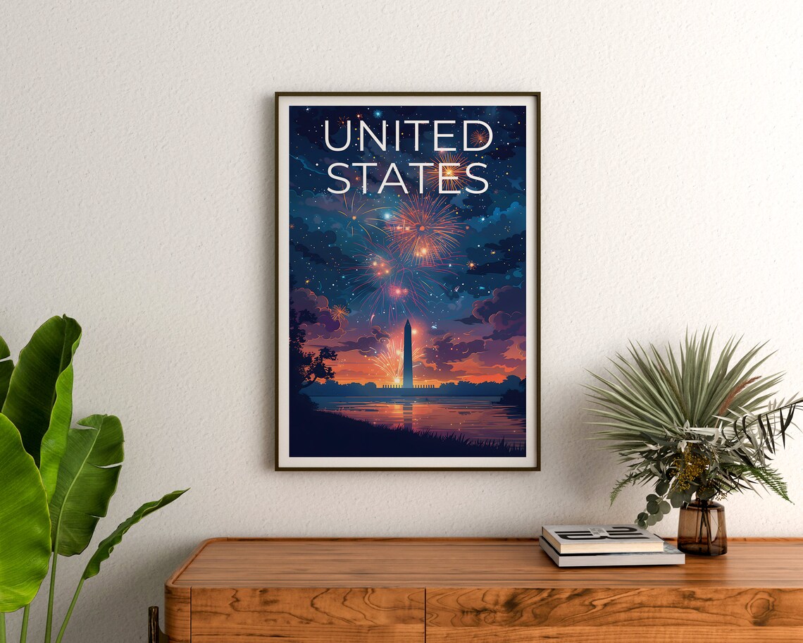 United States Washington DC Fireworks Monument Night Sky Travel Poster - Image 3