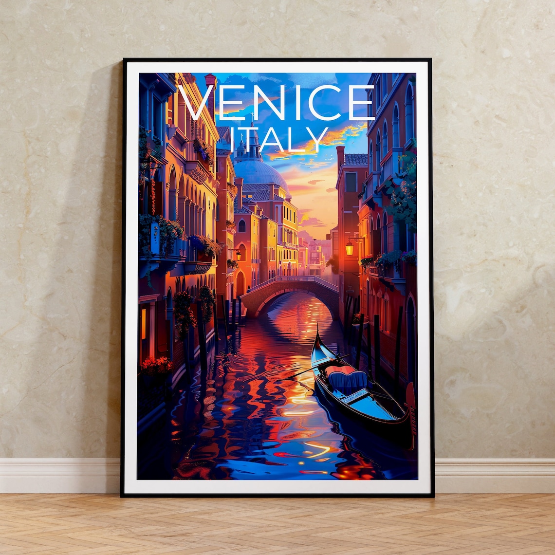 Venice Italy Gondola Canal Sunset Old Town Bridges Travel Poster