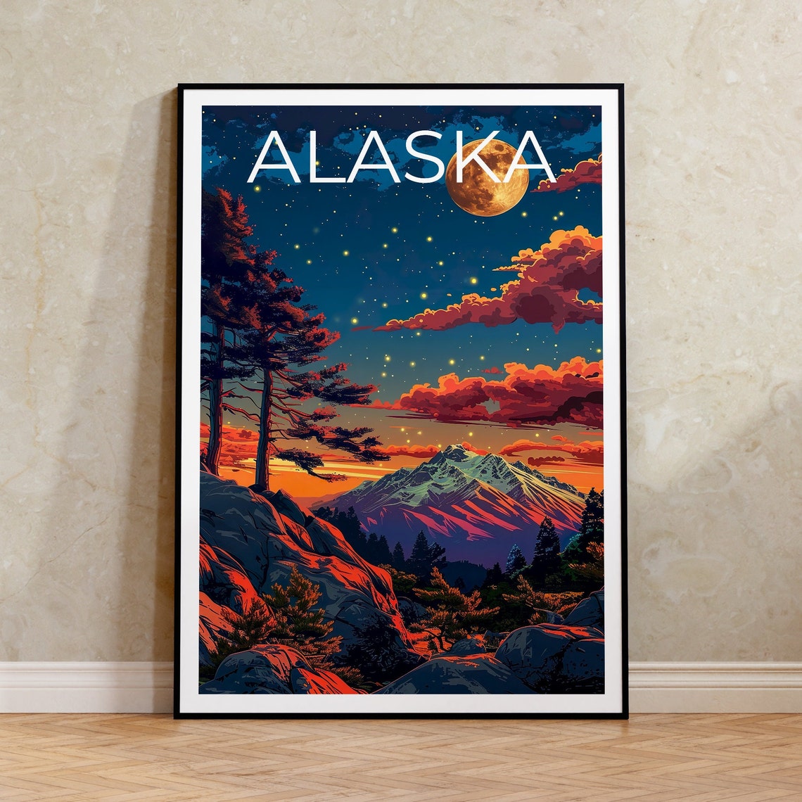 Alaska Full Moon Mountain Wilderness Night Lights Travel Poster