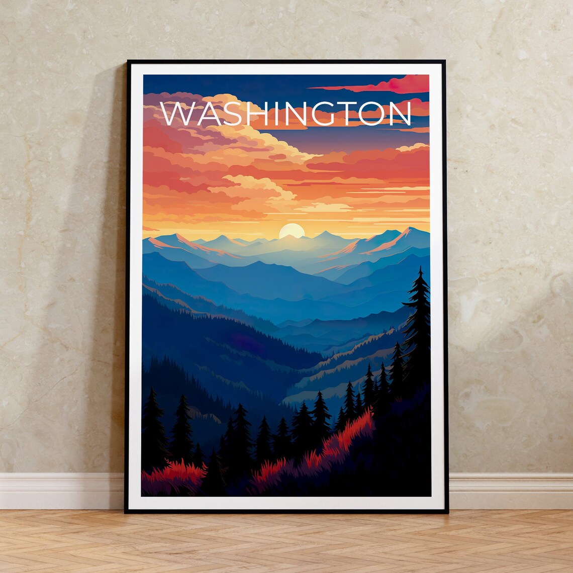 Washington Travel Poster, Mountain Landscape Print