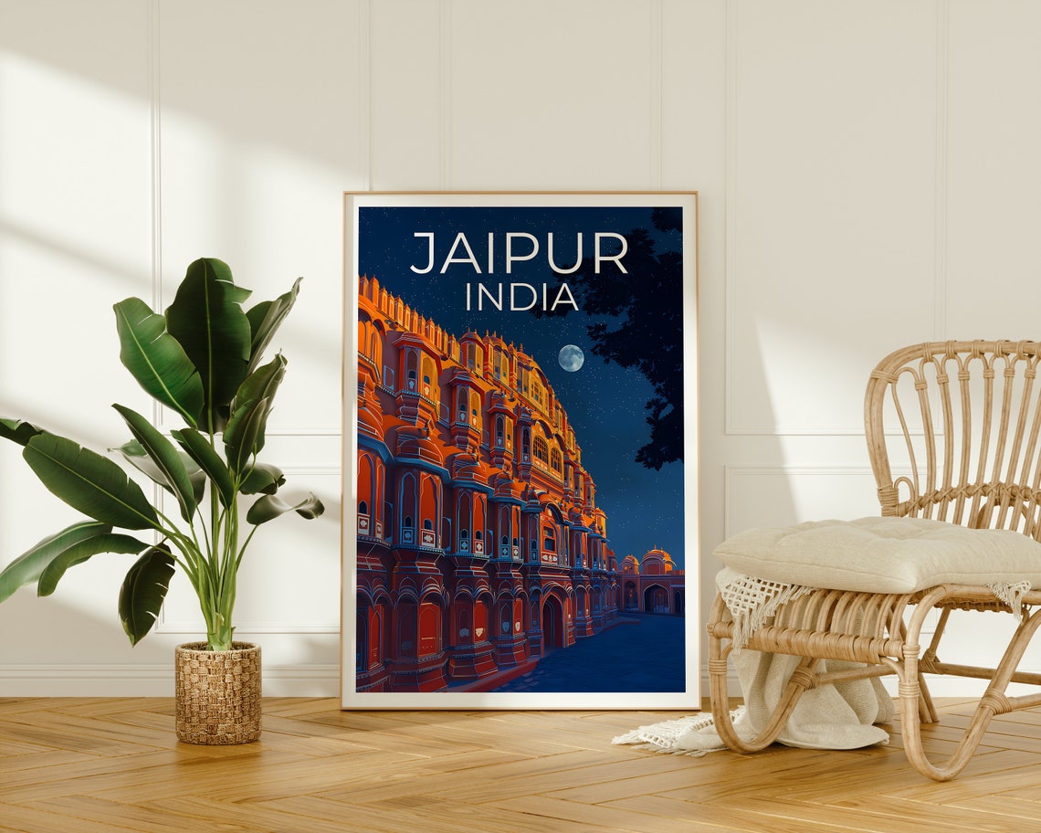Jaipur India Hawa Mahal Palace Moonlit Night Pink City Travel Poster - Image 2