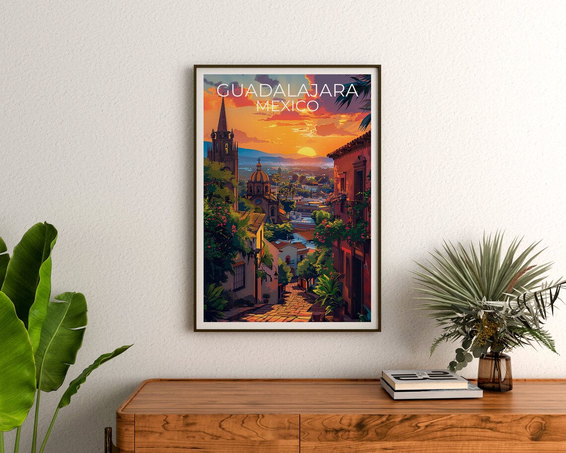 Guadalajara Mexico Colonial Street Church Spire Sunset Travel Poster - Image 3