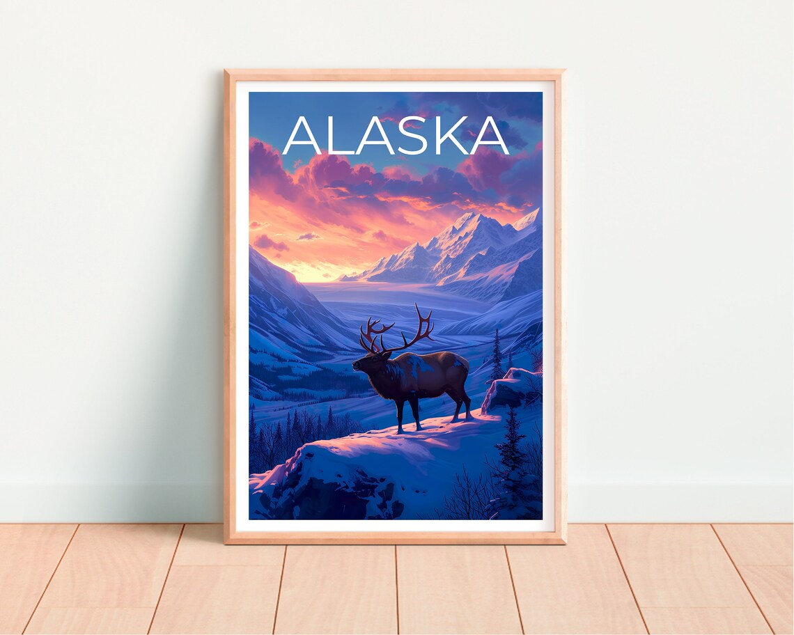 Alaska Sunset Elk on Snowy Mountain Ridge Winter Travel Poster - Image 4