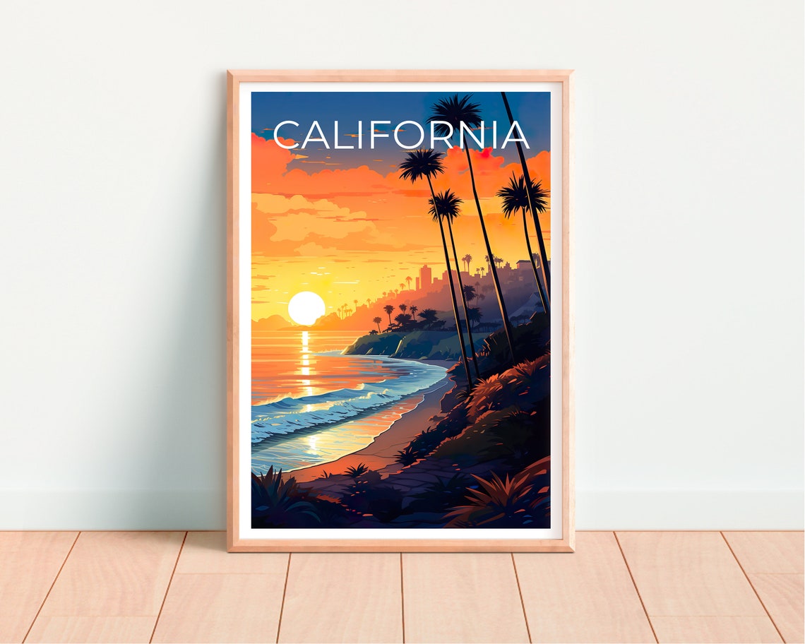 California Beach Sunset Palm Trees Ocean Shoreline View Poster - Image 4