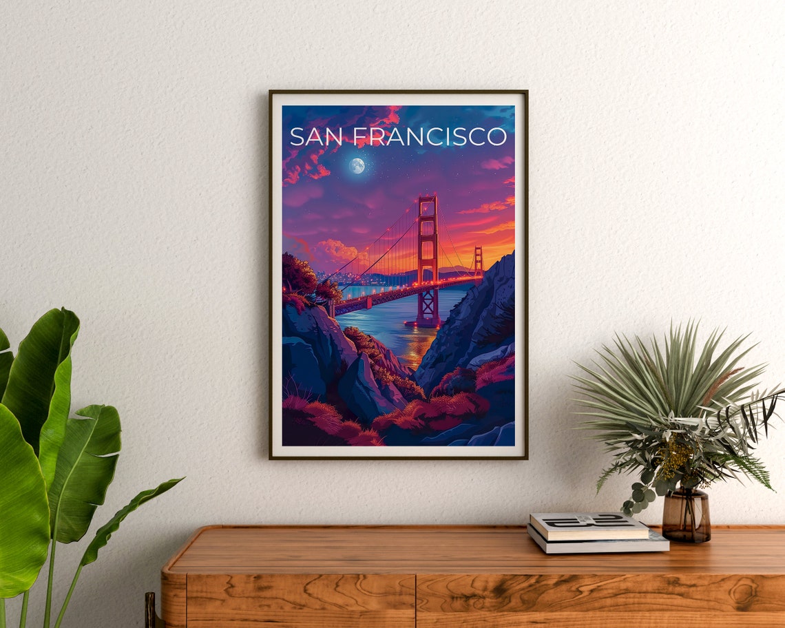 San Francisco Golden Gate Bridge Sunset Moonrise Bay Travel Poster - Image 3