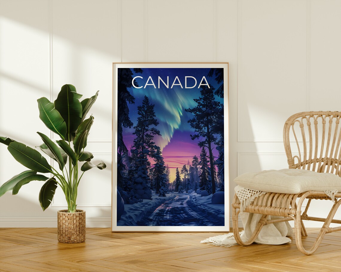 Canada Aurora Borealis Northern Lights Snowy Forest Night Poster - Image 2