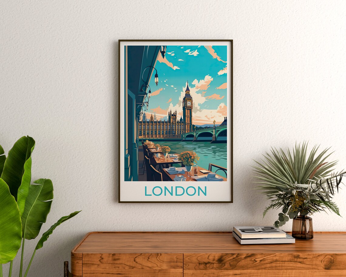 London Big Ben Parliament Thames Riverside Cafe Terrace View Poster - Image 3