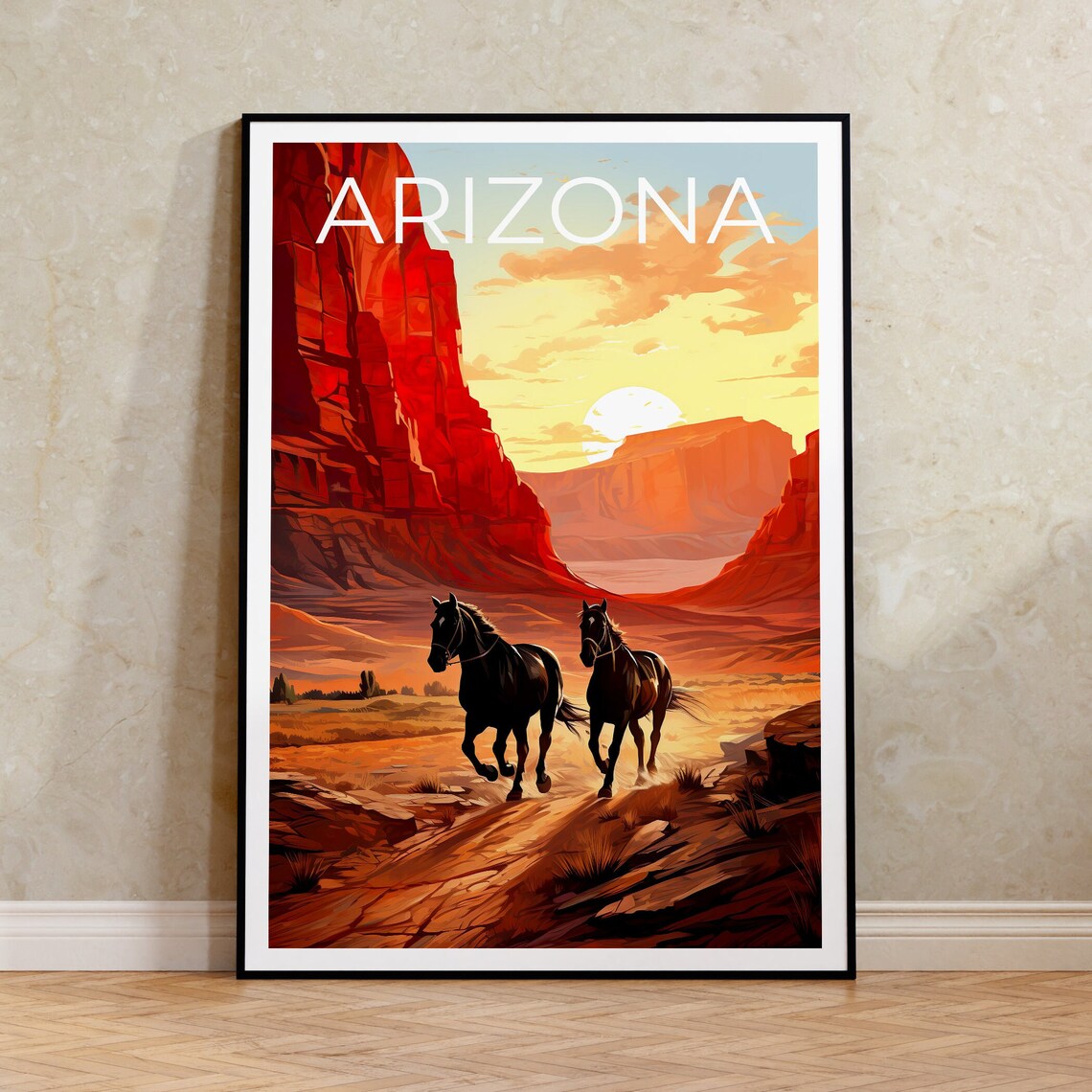 Arizona Horses Red Rock Canyon Sunset Wild West Travel Poster