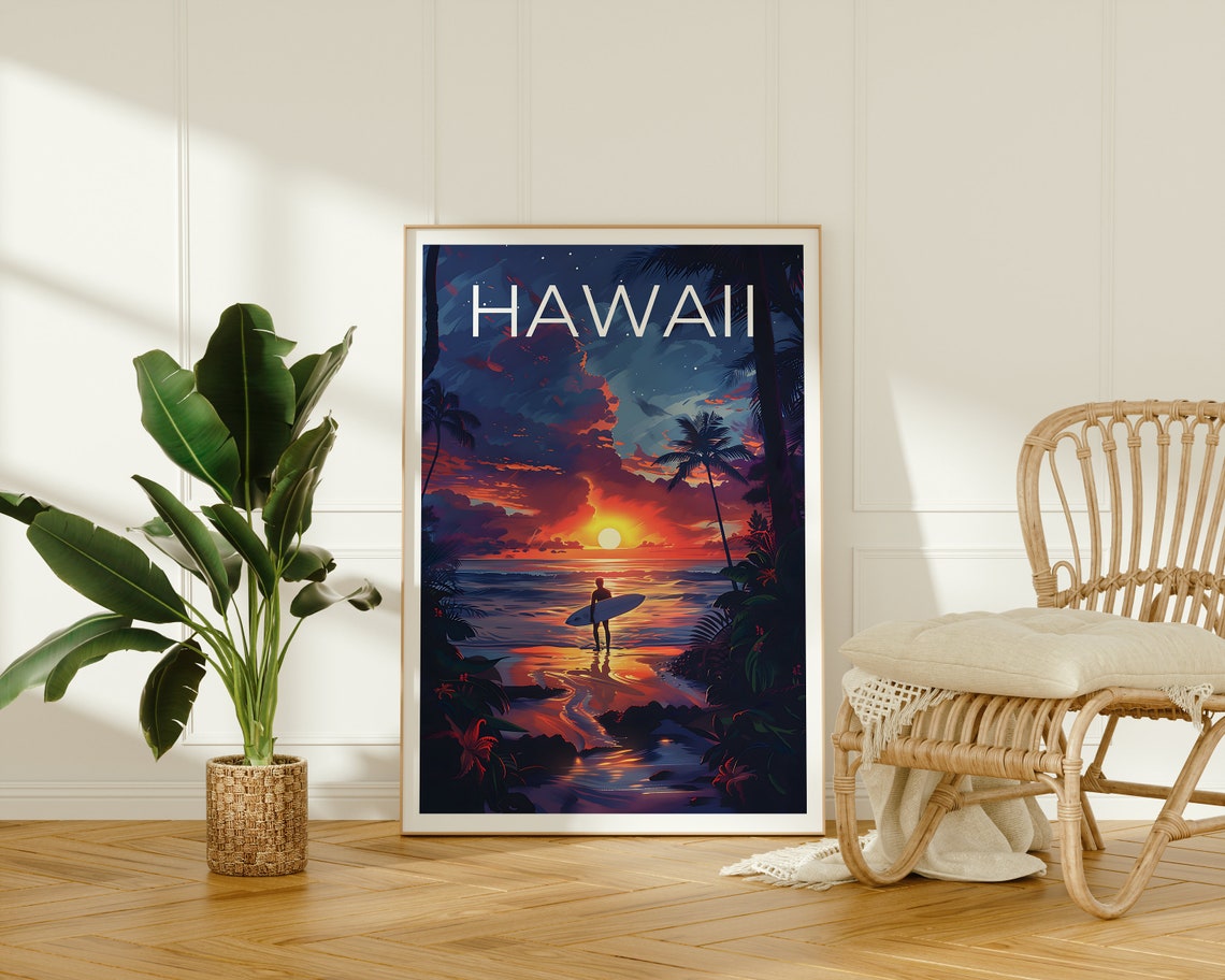 Hawaii Surfer Sunset Beach Palm Trees Wave Silhouette Travel Poster - Image 2