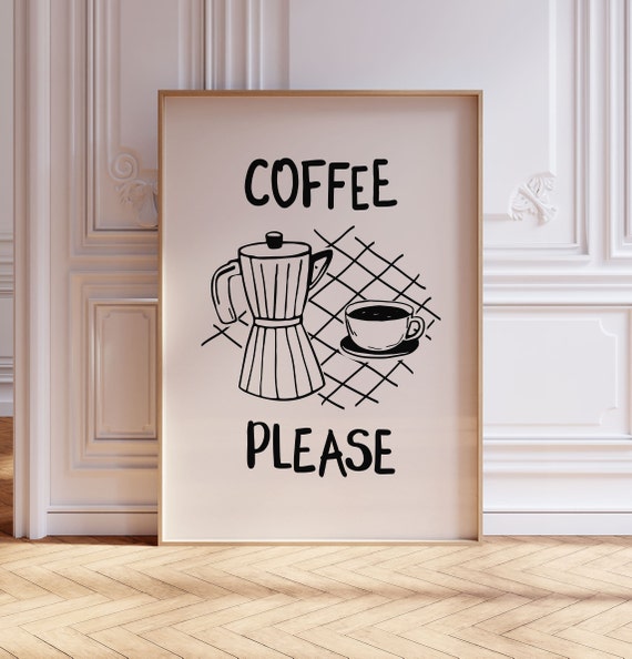 Coffee Please Art Poster Black Beige Coffee Print Preppy Espresso Sketch Wall Art Trendy Y2k Kitchen Apartment Poster Modern Cafe Decor