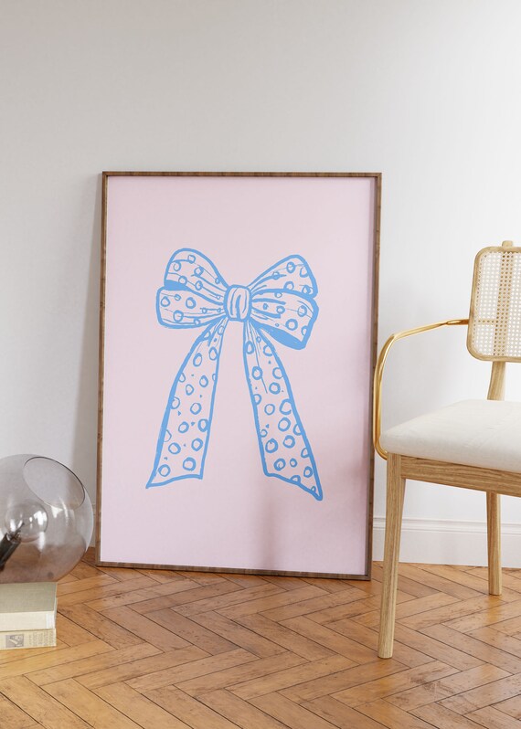 Blue Polka Dot Ribbon Bow On Pink Coquette Aesthetic Girly Poster Art