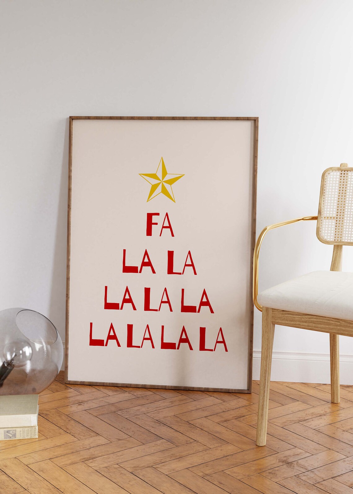 Fa La La Christmas Tree Red Typography Gold Star Holiday Decor Poster